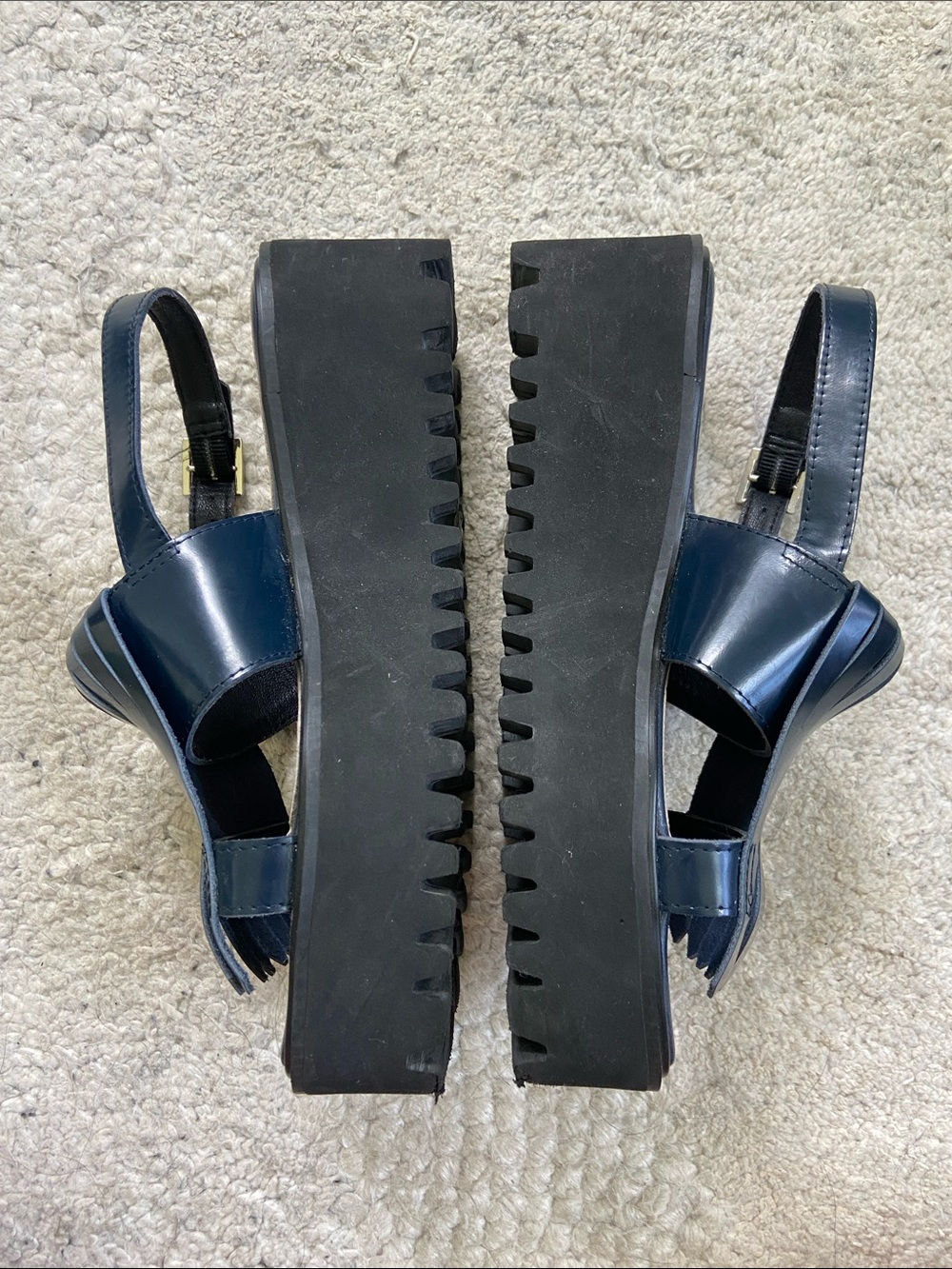 All Black Kiltie Navy Fringe Platform Chunky Sandals - Picture 6 of 9